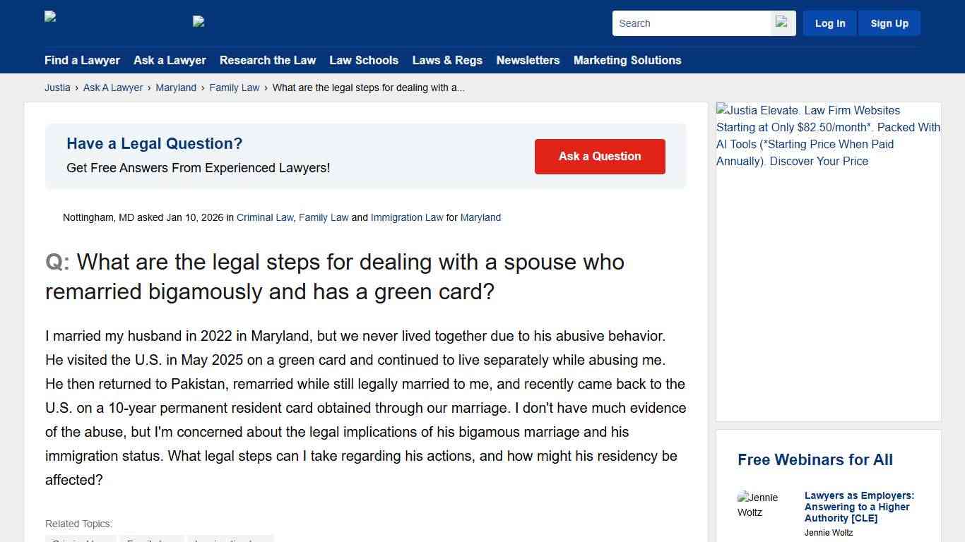 What are the legal steps for dealing with a spouse who remarried bigamously and has a green card? - Maryland Family Law Questions & Answers - Justia Ask A Lawyer